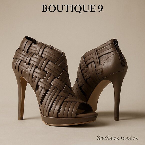 Boutique 9 Ashoe Woven Leather Cage Booties Women’s 8.5M Taupe Peep Toe High Hee - Picture 1 of 9